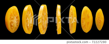 Tomato slices on black background, levitating 72227280
