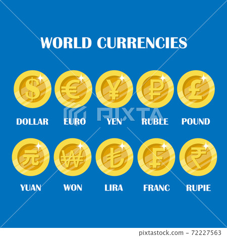World currency coin sign set of different countries such as dollar, euro, ruble and others. Vector illustration collection of currencies icon coin World currency coin sign set of different countries such as dollar, euro, ruble and others. Vector illustration collection of currencies icon coin 72227563