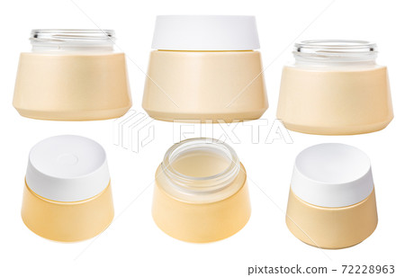 set of yellow shiny jars for cosmetics isolated 72228963