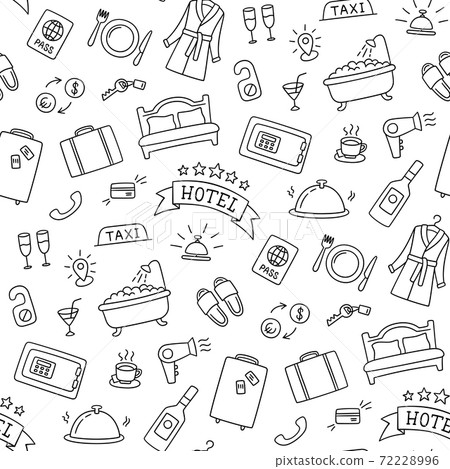 Hotel services hand drawn pattern. Bed, bath, safe, breakfast, bathrobe and other objects. Vector illustration 72228996