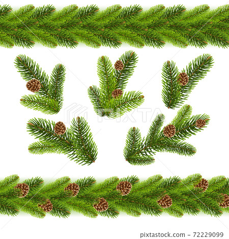 Christmas Fir Tree Branches And Cones Borders White Background 72229099