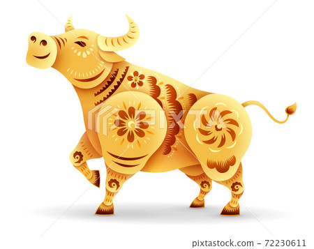 Oriental paper graphic cut art of golden ox symbol with floral pattern on white background . Isolated. Oriental paper graphic cut art of golden ox symbol with floral pattern on white background . Isolated. 72230611