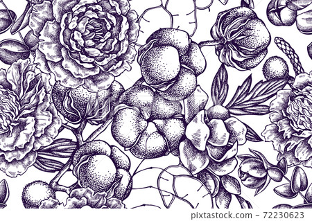 Artistic seamless pattern with ficus, eucalyptus, peony, cotton, freesia, brunia Artistic seamless pattern with ficus, eucalyptus, peony, cotton, freesia, brunia 72230623