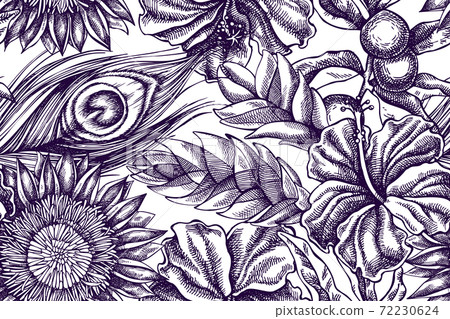 Artistic seamless pattern with banana palm leaves, hibiscus, solanum, bromeliad, peacock feathers Artistic seamless pattern with banana palm leaves, hibiscus, solanum, bromeliad, peacock feathers 72230624