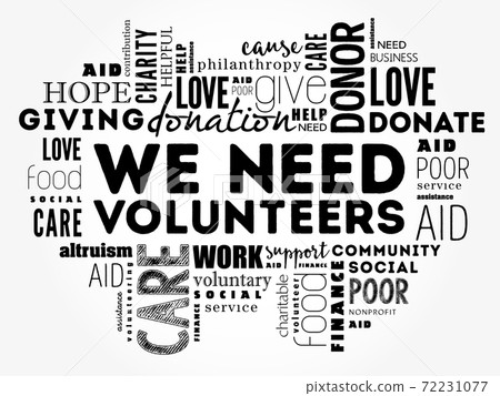 WE NEED VOLUNTEERS word cloud collage, social concept WE NEED VOLUNTEERS word cloud collage, social concept 72231077