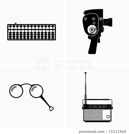 Set of old fashion objects, abacus, movie camera, pince-nez and radio 72231426