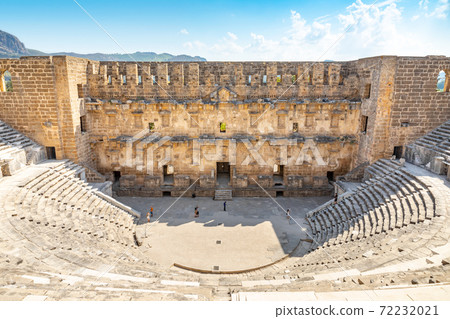 Aerial view of the ancient Aspendos amphitheater near Antalya city 72232021