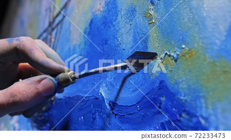 Artist copyist paint seascape with ship in ocean. Craftsman decorator draw as boat sail on blue sea with acrylic oil color. Draw finger brush palette. 72233473