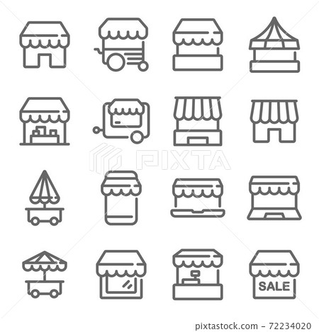 Market, Kiosk icon illustration vector set. Contains such icons as market store, shop, store, stand, and more. Expanded Stroke Market, Kiosk icon illustration vector set. Contains such icons as market store, shop, store, stand, and more. Expanded Stroke 72234020