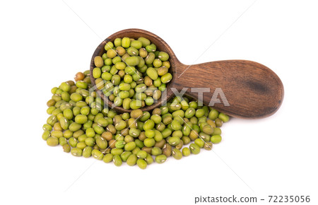 Mung beans in wooden spoon, isolated on white background. Vigna radiata. Mung beans in wooden spoon, isolated on white background. Vigna radiata. 72235056