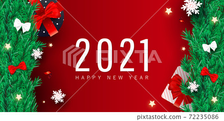 2021 Christmas and New Year creative style background. Xmas gift boxes, cold snow, red glitter confetti on gradient background. Christmas tree frame branches with decor horizontal banner 72235086