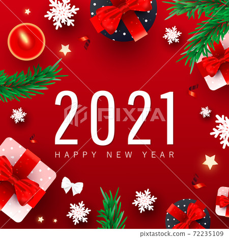 Happy New Year background with numbers date 2021. Xmas gifts box, festive decorative snow, fir pine and fire candle on red background. Flat lay, top view. Happy New Year background with numbers date 2021. Xmas gifts box, festive decorative snow, fir pine and fire candle on red background. Flat lay, top view. 72235109