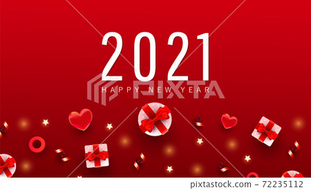 2021 Happy New Year and Merry Christmas minimal banner. Xmas gifts box, circles objects on gradient red background with place for text. Flat lay, top view. 2021 Happy New Year and Merry Christmas minimal banner. Xmas gifts box, circles objects on gradient red background with place for text. Flat lay, top view. 72235112