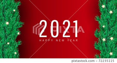 Merry Christmas and Happy New 2021 Year Holiday minimal background with fir tree branches and star lights on red gradient background. Flat lay, top view. Merry Christmas and Happy New 2021 Year Holiday minimal background with fir tree branches and star lights on red gradient background. Flat lay, top view. 72235115