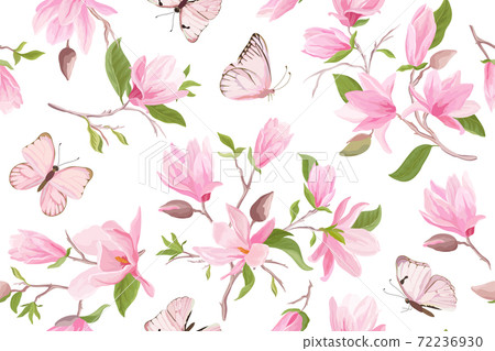 Magnolia watercolor floral seamless vector pattern. Butterflies, summer magnolia flowers, leaves, blossom background Magnolia watercolor floral seamless vector pattern. Butterflies, summer magnolia flowers, leaves, blossom background 72236930