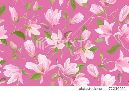Watercolor magnolia floral seamless vector pattern. Magnolia flowers, leaves, petals, blossom background 72236931