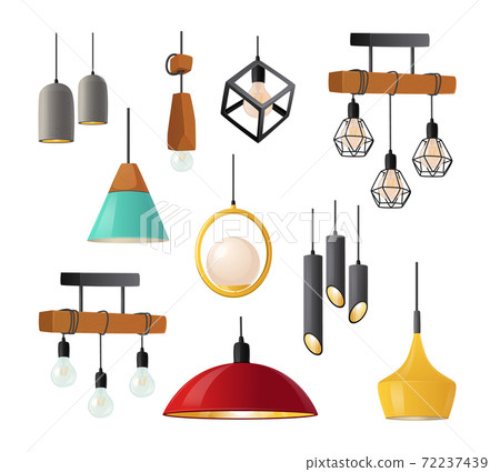 Set of Realistic Hanging Lamps with Bizarre Lampshades Isolated on White Background. Modern Chandeliers with Bulbs Set of Realistic Hanging Lamps with Bizarre Lampshades Isolated on White Background. Modern Chandeliers with Bulbs 72237439