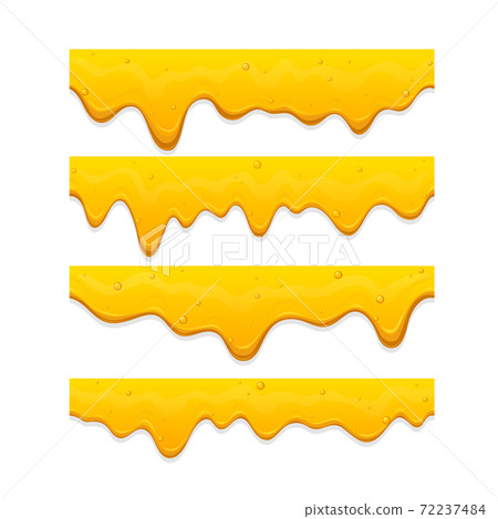 Set Realistic Seamless Dripping Honey Drops, Liquid Yellow Splashes, Glossy Drip Seamless Border with Falling Droplets 72237484