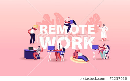 Remote Work Concept. Relaxed Men or Women Freelancer Characters Working Distant on Laptop and Pc from Home 72237916