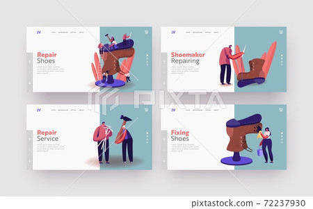 Masters in Workshop Fixing Broken Shoes Landing Page Template Set. Tiny Shoemakers Characters Repair Huge Old Worn Boot Masters in Workshop Fixing Broken Shoes Landing Page Template Set. Tiny Shoemakers Characters Repair Huge Old Worn Boot 72237930