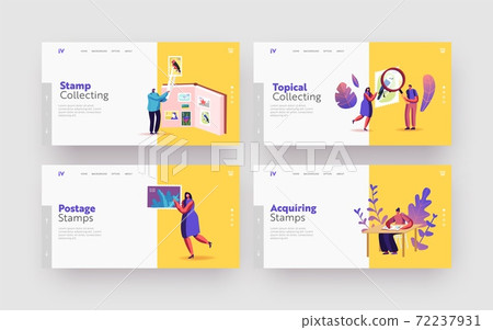 Philately Landing Page Template Set. Tiny Philatelist Characters Collecting and Studying History of National Postage Stamps 72237931