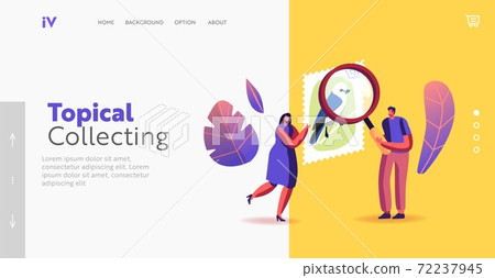 People Engage in Philately Landing Page Template. Tiny Characters with Huge Magnifying Glass Look on Postmark Stamps 72237945