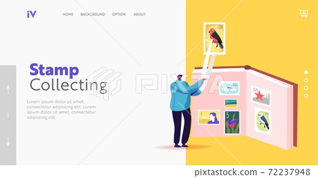 Philately Hobby Landing Page Template. Tiny Philatelist Male Character Holding Huge Stamp in Tweezers near Album Philately Hobby Landing Page Template. Tiny Philatelist Male Character Holding Huge Stamp in Tweezers near Album 72237948