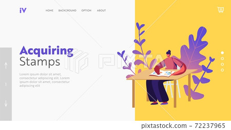 Philately Collection Hobby, Postmarks Examine Landing Page Template. Philatelist Sit at Table Watch Album with Stamps Philately Collection Hobby, Postmarks Examine Landing Page Template. Philatelist Sit at Table Watch Album with Stamps 72237965