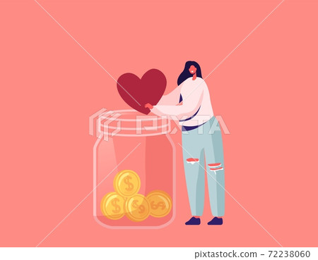 Donation, Volunteers Charity Concept. Tiny Female Character Throw Heart into Huge Glass Jar with Coins for Donate 72238060