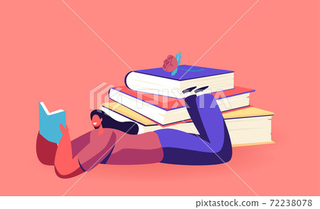 Female Character Reading Literature Lying near Huge Books Pile. Young Woman Student or Bookworm Spend Time in Library Female Character Reading Literature Lying near Huge Books Pile. Young Woman Student or Bookworm Spend Time in Library 72238078