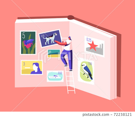 Man Collecting Postal Stamps. Philately Hobby, Rarity Postmarks Examine. Tiny Philatelist Put Huge Stamp in Album 72238121