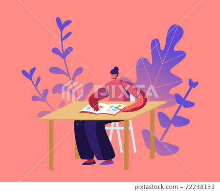 Female Philatelist Sitting at Table Watching Album with Philately Stamps. Woman Collecting Postal Stamps, Philately Female Philatelist Sitting at Table Watching Album with Philately Stamps. Woman Collecting Postal Stamps, Philately 72238131