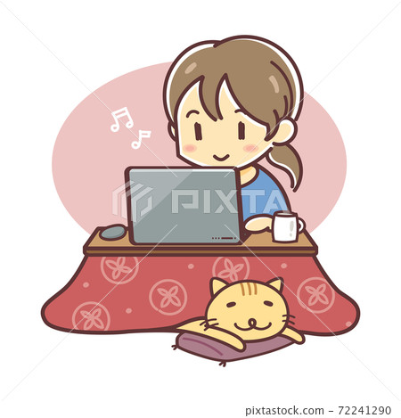 Illustration of a woman doing remote work with a kotatsu (laptop) 72241290