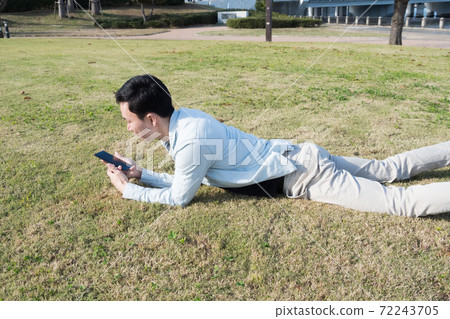 A man looking at a smartphone while lying on the grass A man looking at a smartphone while lying on the grass 72243705