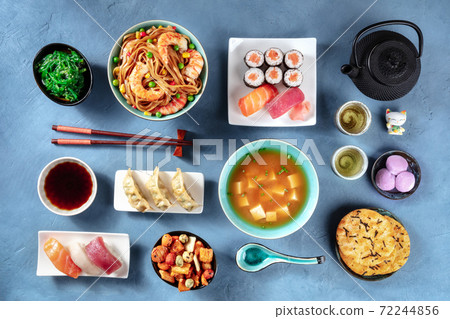 Japanese Food, Sushi, udon, miso soup, tea, mochi etc, overhead flat lay shot 72244856