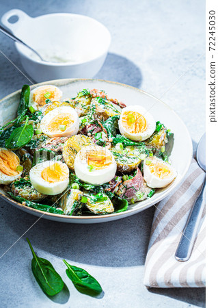Traditional potato salad with bacon and eggs in white bowl. Picnic food concept. Traditional potato salad with bacon and eggs in white bowl. Picnic food concept. 72245030
