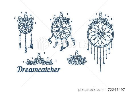 Dreamcatcher unicorns with flowers and ears. Set of horny girly dreamcatchers and rose wreaths. Vector illustration 72245497