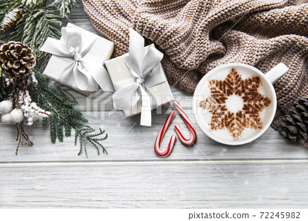 Christmas or winter composition. Coffee and decorations. 72245982