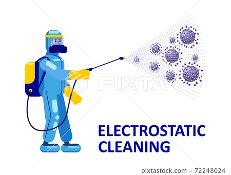 Electrostatic Disinfection Cleaning service. Man dressed in uniform in a special suit with equipment with electrostatic spray conducts disinfection Electrostatic Disinfection Cleaning service. Man dressed in uniform in a special suit with equipment with electrostatic spray conducts disinfection 72248024