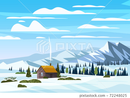 Winter mountains snow landscape panorama, pines ate, hills lonely building, field. Vector illustration card, poster, banner template 72248025