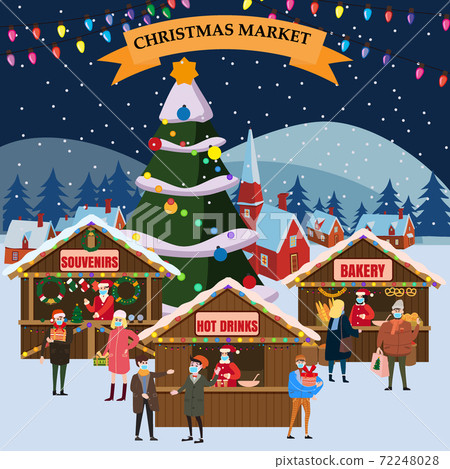 Christmas Market holiday fairs or festive on city square. In conditions of the COVID 2019 pandemic sellers in medical masks, Social distancing. People walk and buy between canopy, stalls, kiosks Christmas Market holiday fairs or festive on city square. In conditions of the COVID 2019 pandemic sellers in medical masks, Social distancing. People walk and buy between canopy, stalls, kiosks 72248028