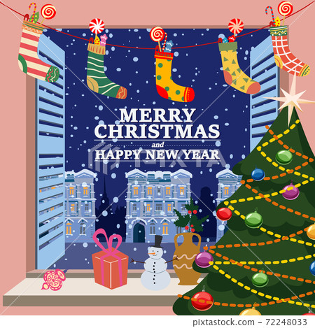 Merry Christmas Window view on winter old town,... - Stock Illustration  [72248033] - PIXTA