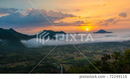 Beautiful dramatic sunset in the mountains. Landscape lot of fog Phu Thok Mountain at Chiang Khan ,Loei Province in Thailand. Beautiful dramatic sunset in the mountains. Landscape lot of fog Phu Thok Mountain at Chiang Khan ,Loei Province in Thailand. 72249118