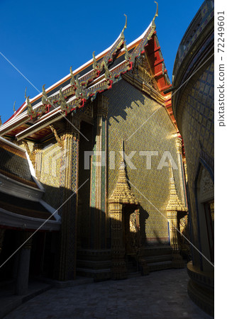 Light and shadow at Wat Ratchabophit Sathitmahasimaram Rajaworavihara for King Rama V  with its ordination hall and sanctuary hall joined by a circular courtyard, Bangkok, Thailand. Rajabopit Temple 72249601