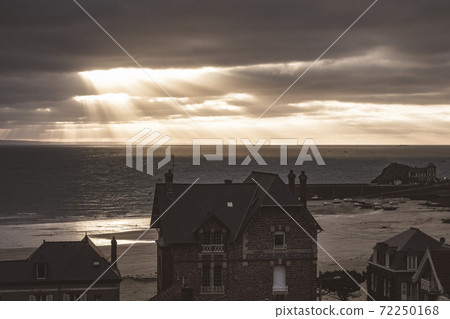 Pleneuf Val Andre city and beach view at sunset, Brittany, France 72250168