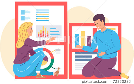 Business people analyze report graph and investment plan. A guy and a girl sit and communicate 72250283