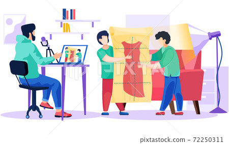 Men are trying on dress, seamstress makes according to a drawing. The designer compares the order 72250311