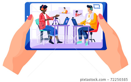 Person is watching broadcast from phone application. People on the screen communicate in the studio 72250385