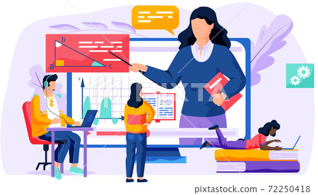 Woman on the monitor explains new topic. Online geometry lesson. Students study and listen to voice Woman on the monitor explains new topic. Online geometry lesson. Students study and listen to voice 72250418