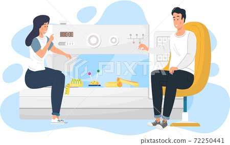 Concept of tailoring fashionable cloth. Work with sewing machine. Couple communicates while working 72250441